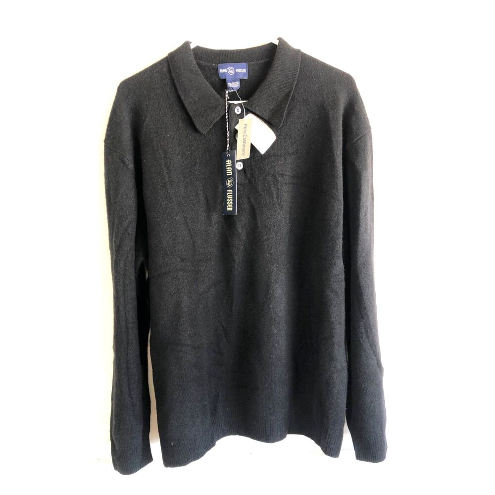 Vtg Y2K NWT Alan Flusser 100% Pure Cashmere Long Sleeve Polo Sweater Black Men M